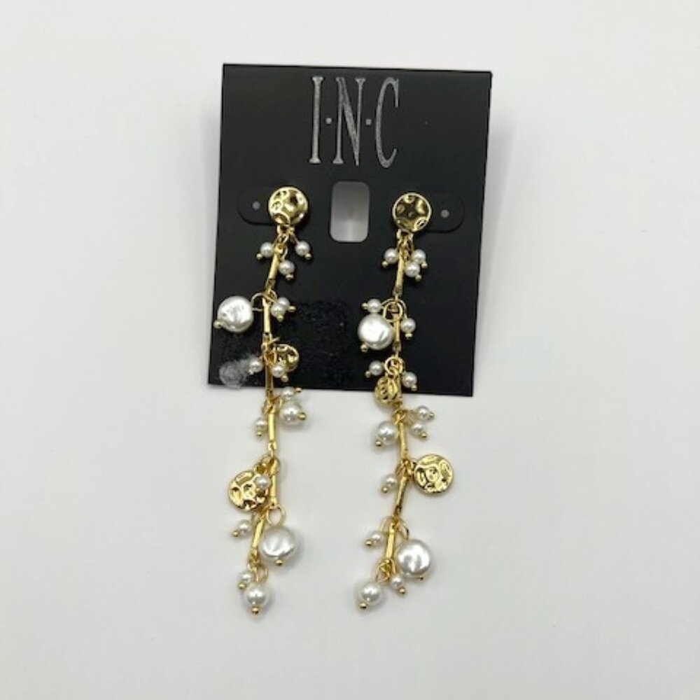 INC | Gold tone white faux pearl drop earrings 3" NEW